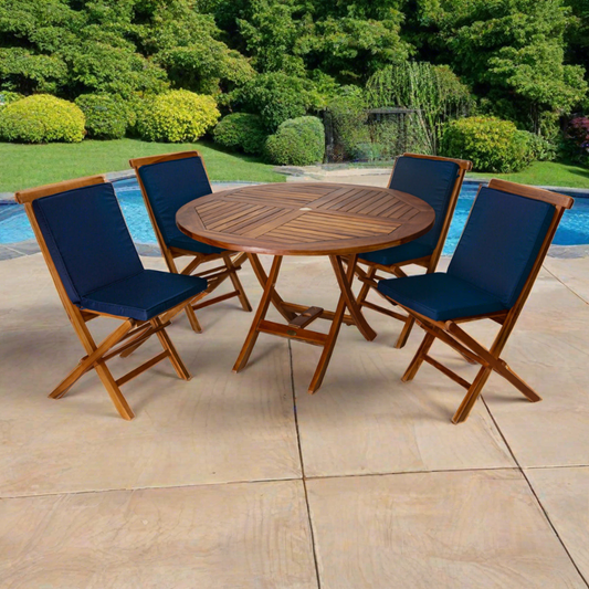 All Things Cedar 5-Piece 4-ft Teak Round Folding Table Set with Blue Cushions TT5P-R-B