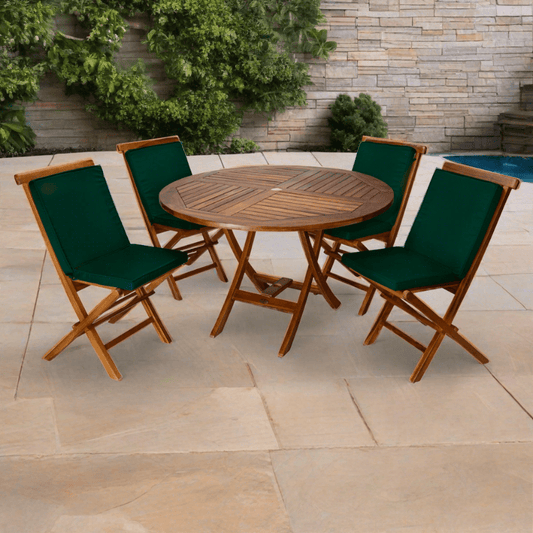 All Things Cedar 5-Piece 4-ft Teak Round Folding Table Set with Green Cushions TT5P-R-G