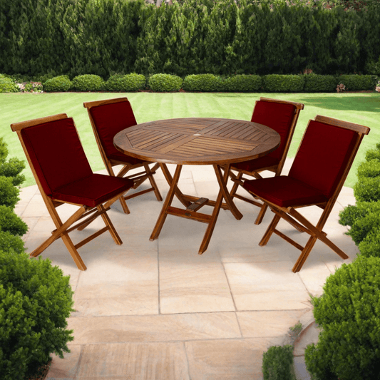 All Things Cedar 5-Piece 4-ft Teak Round Folding Table Set with Red Cushions TT5P-R-R