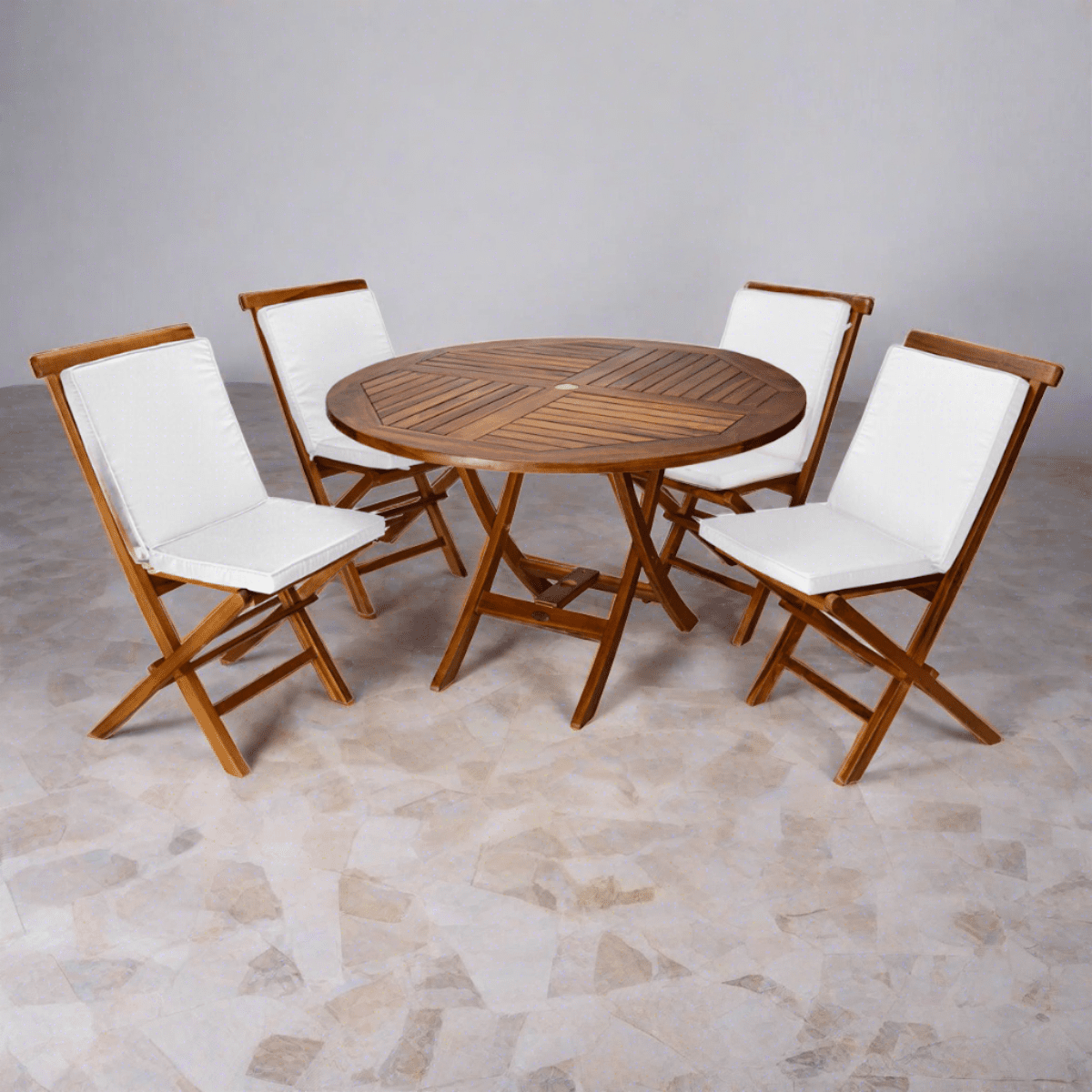 All Things Cedar 5-Piece 4-ft Teak Round Folding Table Set with White Cushions TT5P-R-W