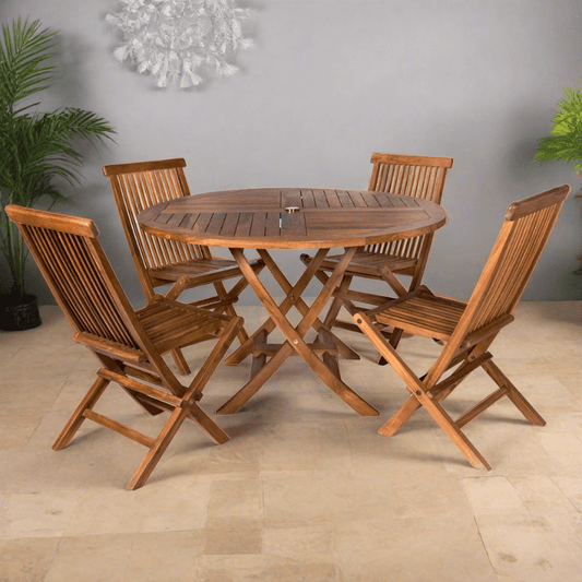 All Things Cedar 5-Piece 4-ft Teak Round Folding Table Set Folding Chair Set TT5P-R