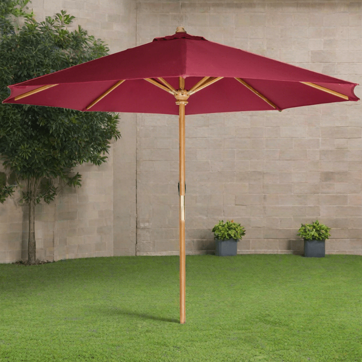 All Things Cedar 10-ft Teak Market Umbrella with Red Canopy TU90-R