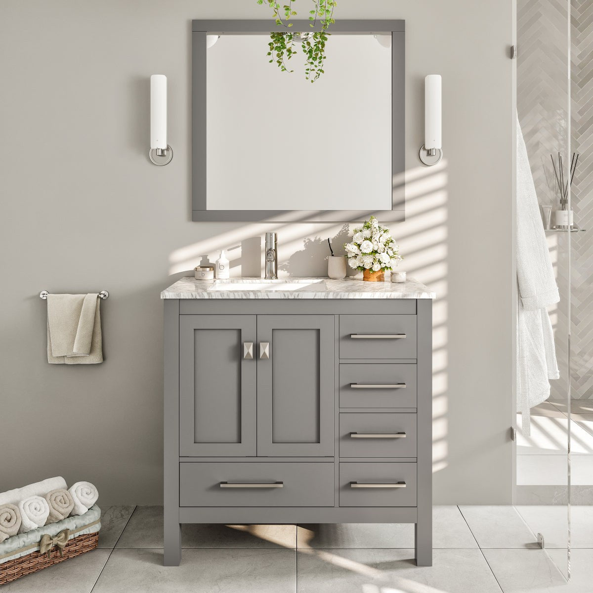 Eviva London 38" x 18" Transitional Bathroom Vanity with White Carrara Marble Countertop and Undermount Porcelain Sink
