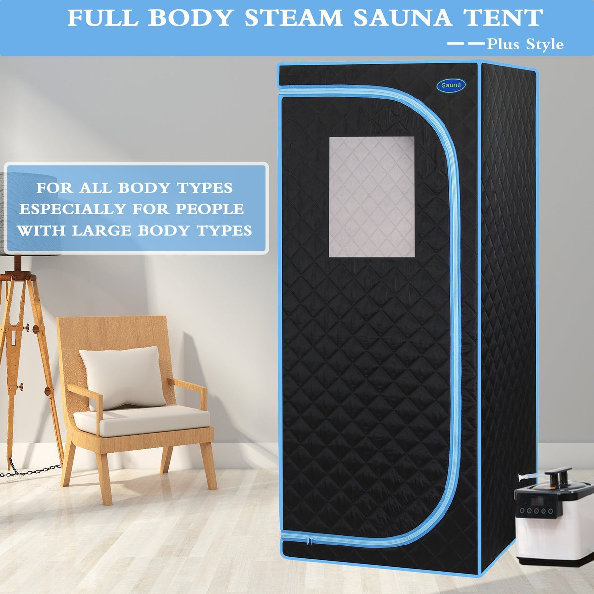 Full Size Portable Steam Sauna Tent, Stainless Steel Frame, 2.6L 1000W Steamer, Remote & Chair - Black