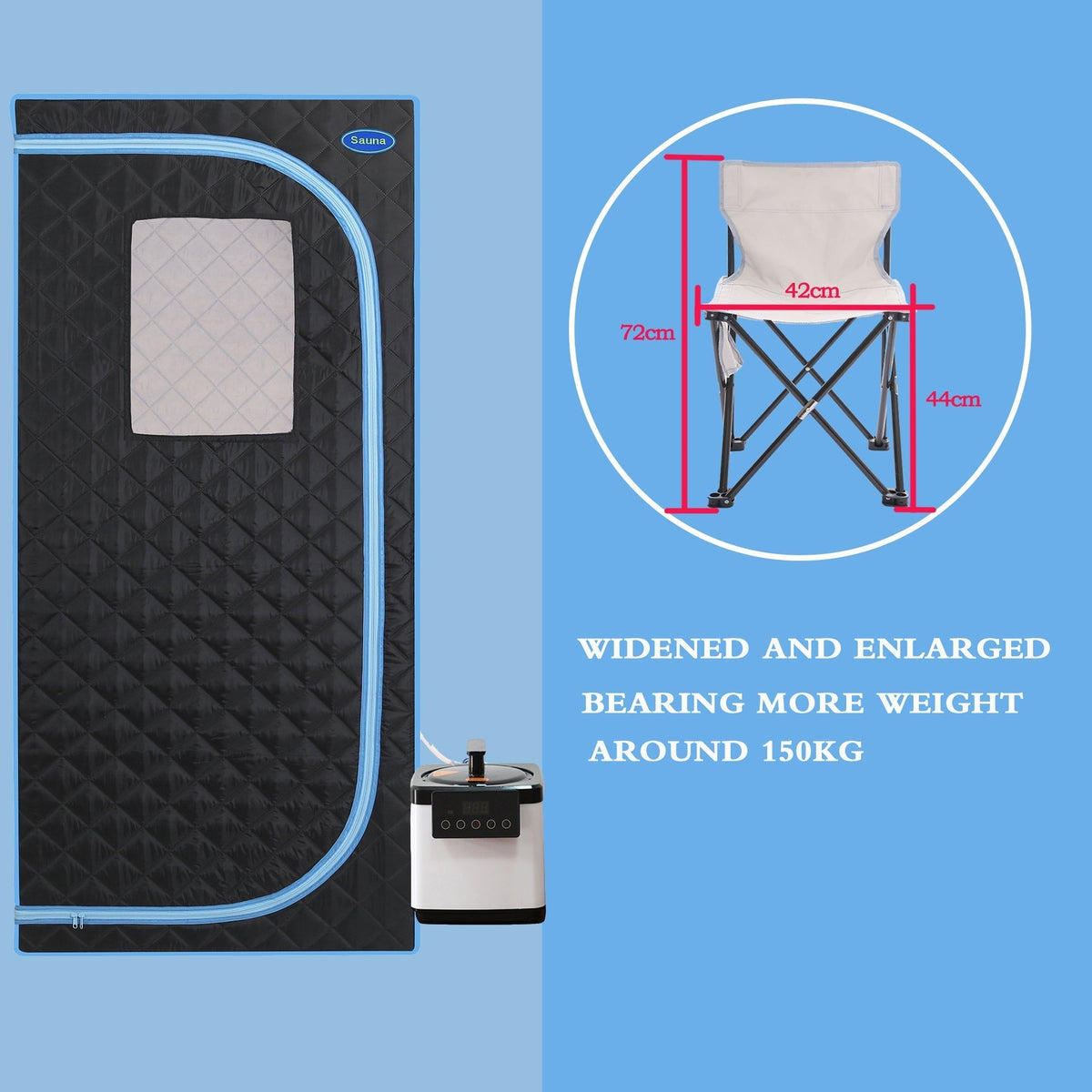 Full Size Portable Steam Sauna Tent, Stainless Steel Frame, 2.6L 1000W Steamer, Remote & Chair - Black