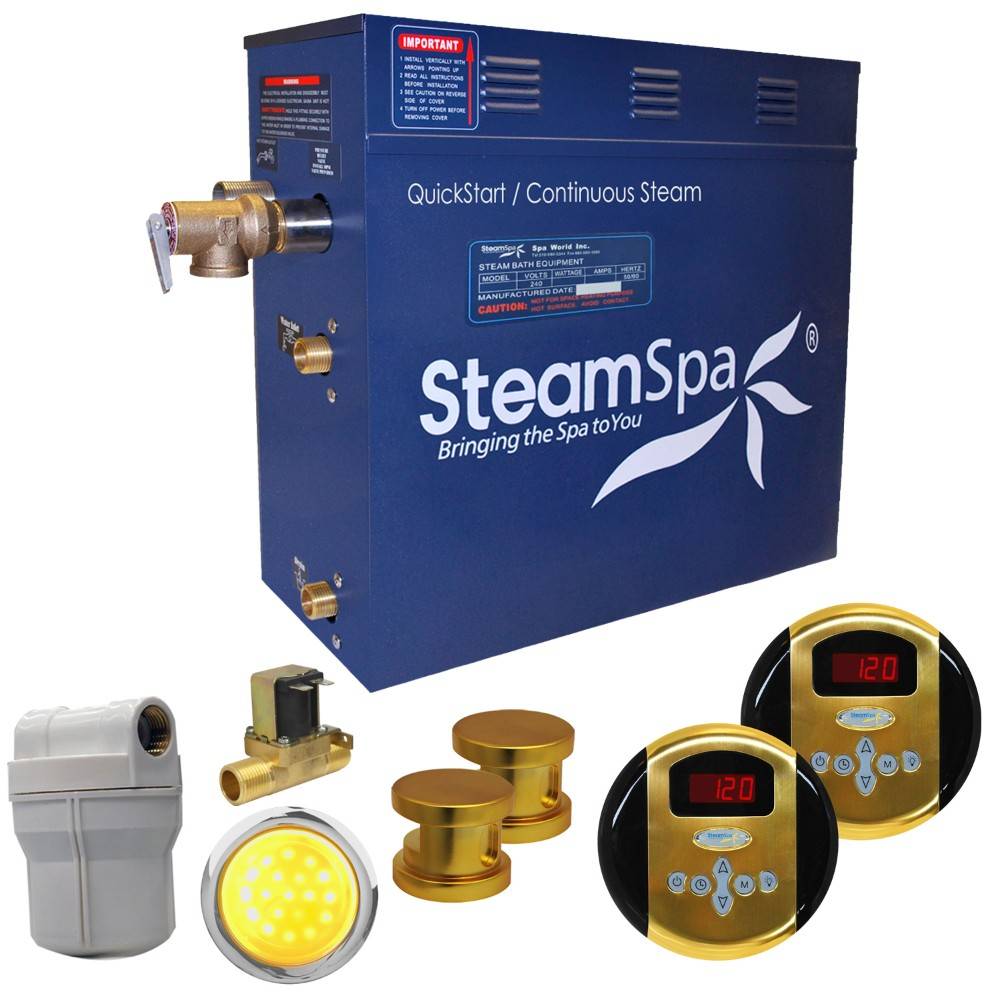 SteamSpa Royal 12 KW QuickStart Acu-Steam Bath Generator Package with Built-in Auto Drain in Polished Gold RY1200GD-A