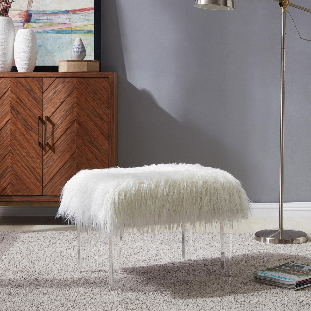 New Pacific Direct Scarlett Faux Fur Acrylic Stool 1600002