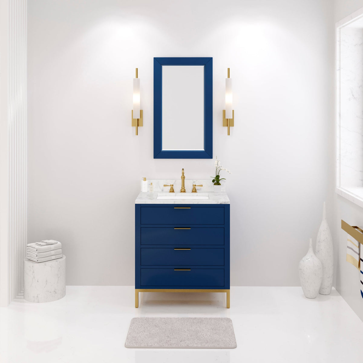 Water Creation Bristol 30" Single Sink Carrara White Marble Countertop Bath Vanity in Monarch Blue