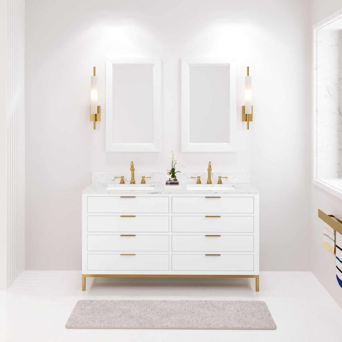 Water Creation Bristol 60" Double Sink Carrara White Marble Countertop Bath Vanity in Pure White with Satin Gold Hook Faucets