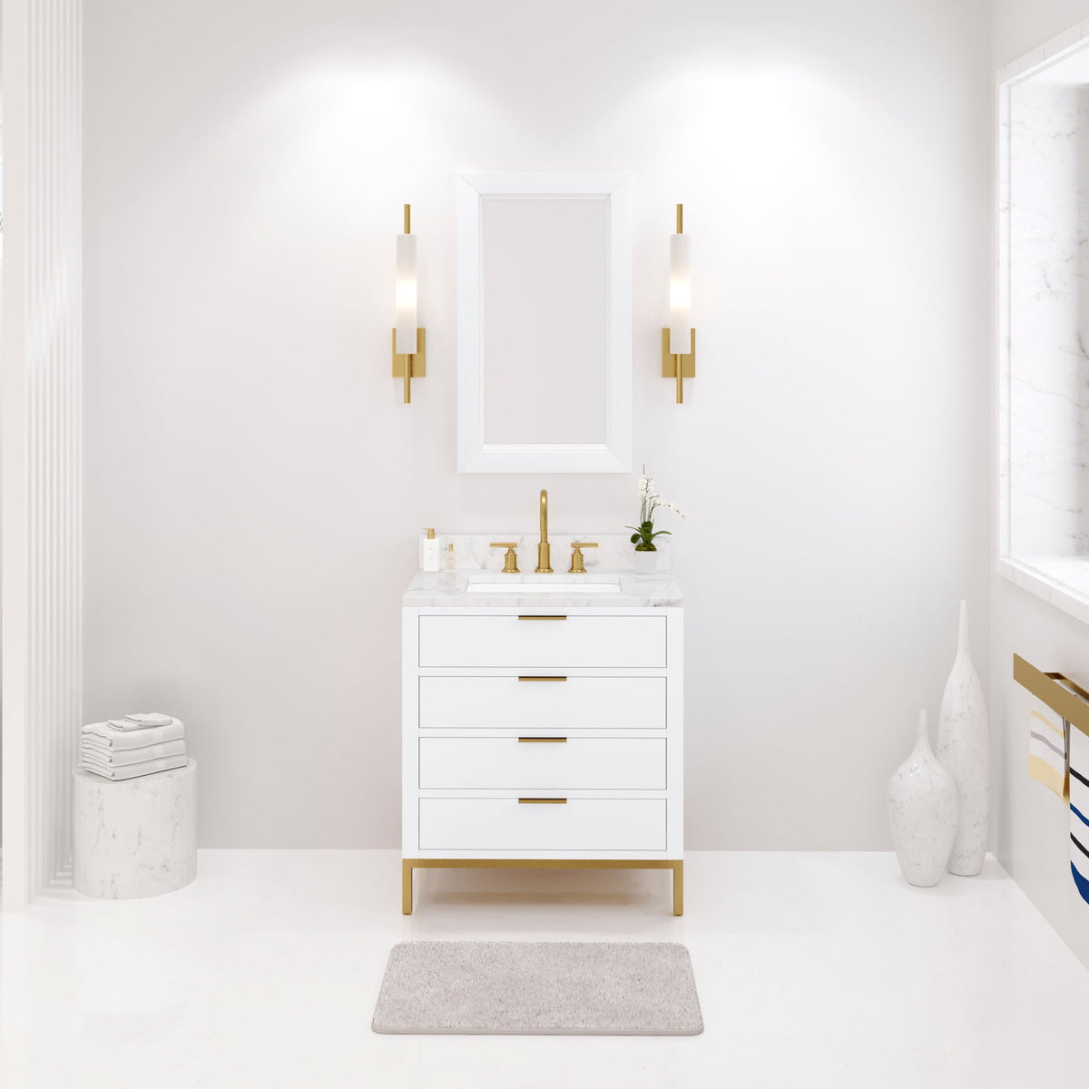 Water Creation Bristol 30" Single Sink Carrara White Marble Countertop Bath Vanity in Pure White with Satin Gold Gooseneck Faucet
