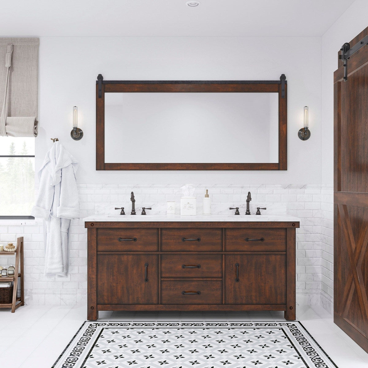 Water Creation Aberdeen 72" Double Sink Carrara White Marble Countertop Vanity in Rustic Sierra with Hook Faucets and Mirrors
