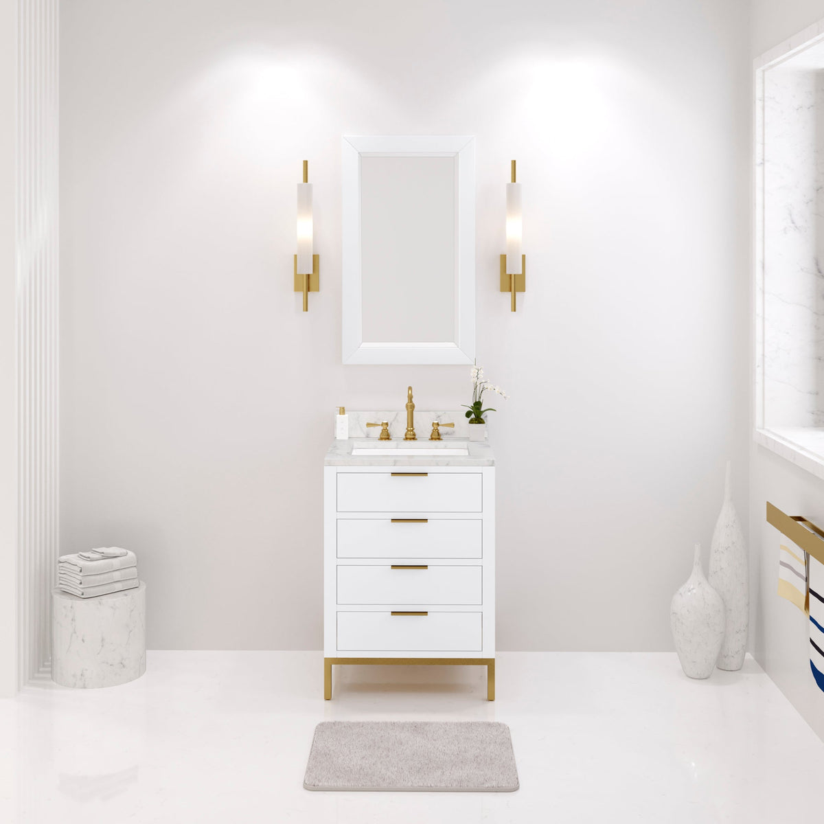 Water Creation Bristol 24" Single Sink Carrara White Marble Countertop Bath Vanity in Pure White with Satin Gold Hook Faucet