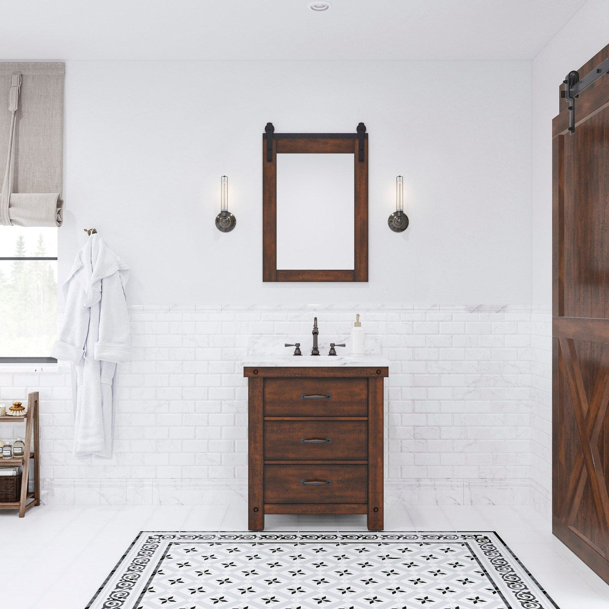 Water Creation Aberdeen 30" Single Sink Carrara White Marble Countertop Vanity in Rustic Sienna with Mirror