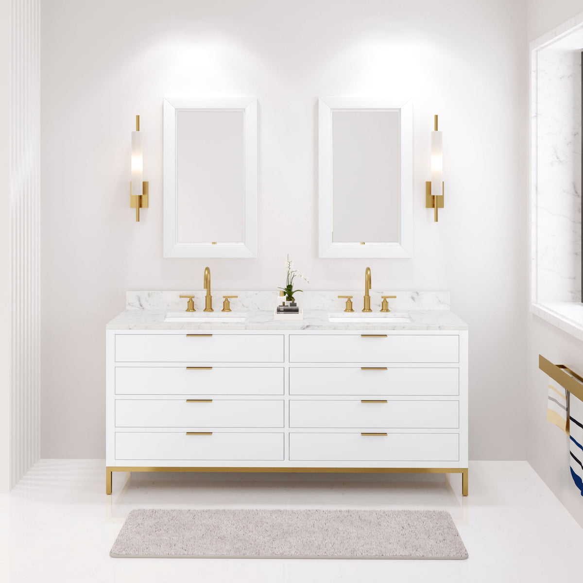 Water Creation Bristol 72" Double Sink Carrara White Marble Countertop Bath Vanity in Pure White