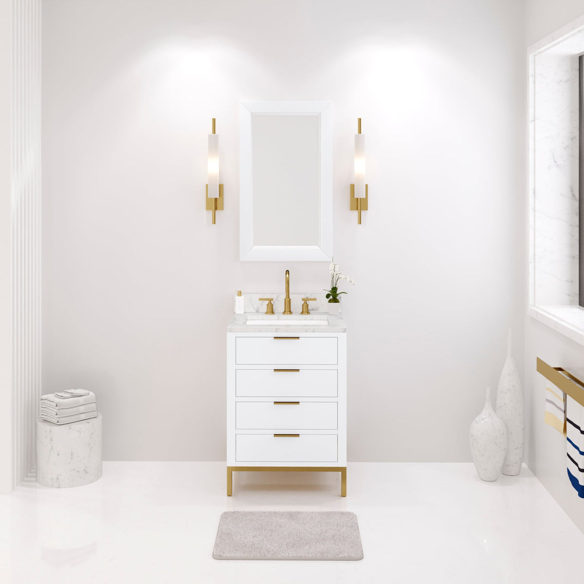 Water Creation Bristol 24" Single Sink Carrara White Marble Countertop Bath Vanity in Pure White with Satin Gold Gooseneck Faucet
