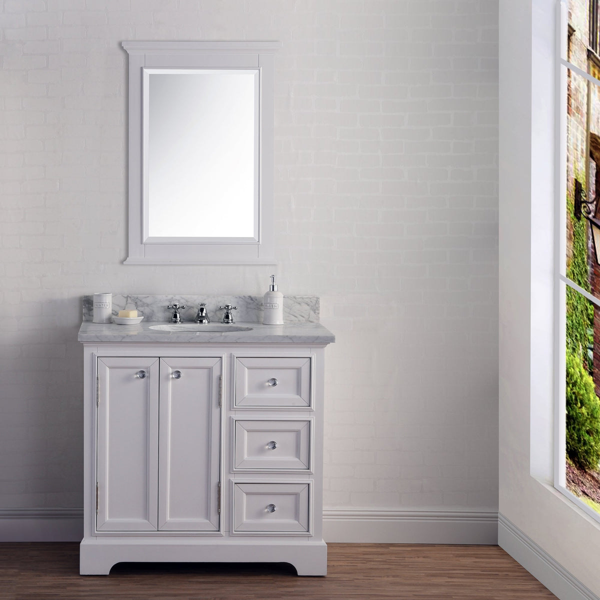 Water Creation Derby 36" Wide Pure White Single Sink Carrara Marble Bathroom Vanity With Matching Mirror And Faucet(s)