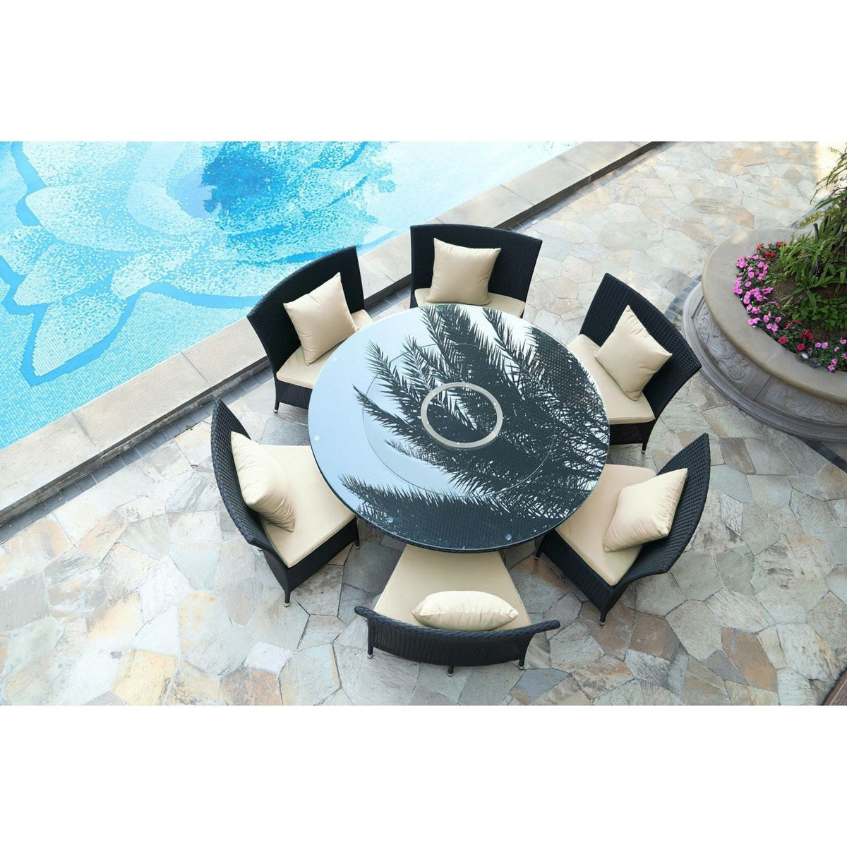 Manhattan Comfort Nightingdale Black 7-Piece Rattan Outdoor Dining Set with Cream and White Cushions